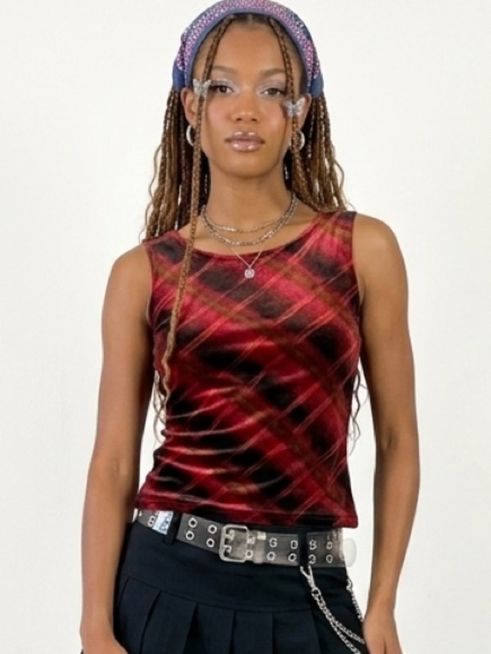 Rave City Vintage 90s Y2K Red Plaid Velvet Tank Top Grunge Sleaze Goth Size L